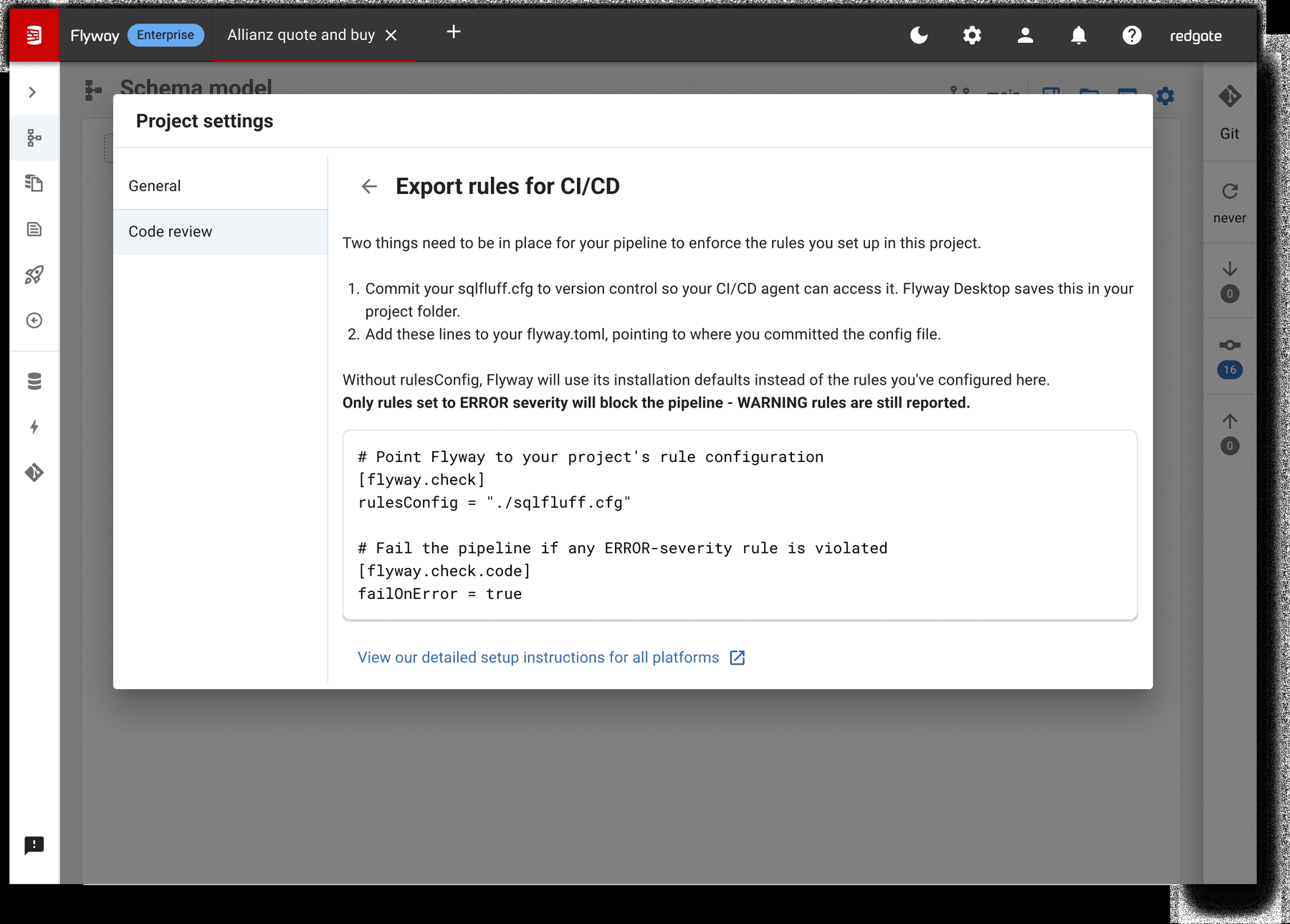 Export rules for CI/CD modal with two numbered instructions and a TOML snippet: [flyway.check] rulesConfig = “./sqlfluff.cfg” and [flyway.check.code] failOnError = true, plus a link to detailed setup instructions.