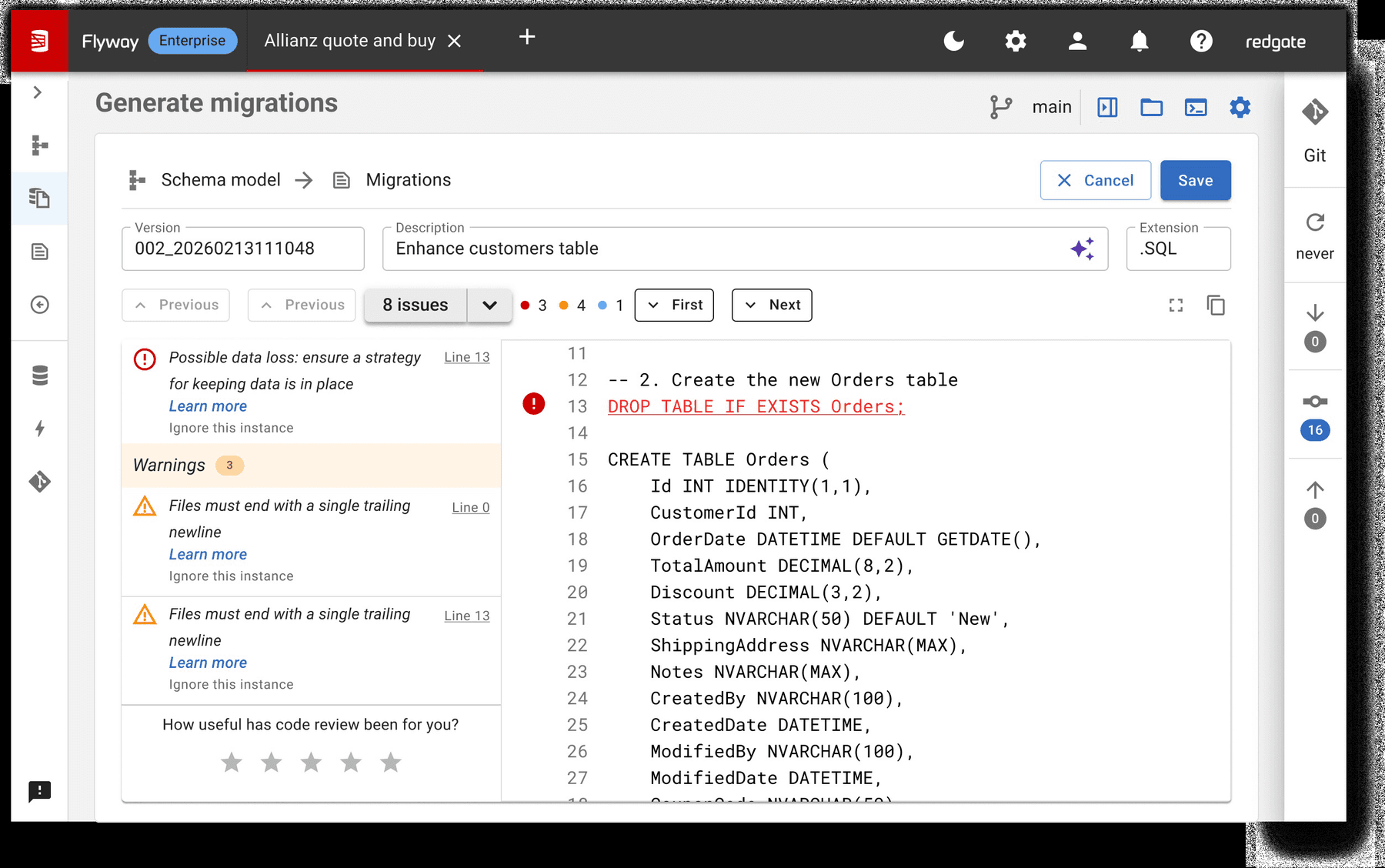 Violations panel with a five-star rating prompt embedded at the bottom: ‘How useful has code review been for you?’