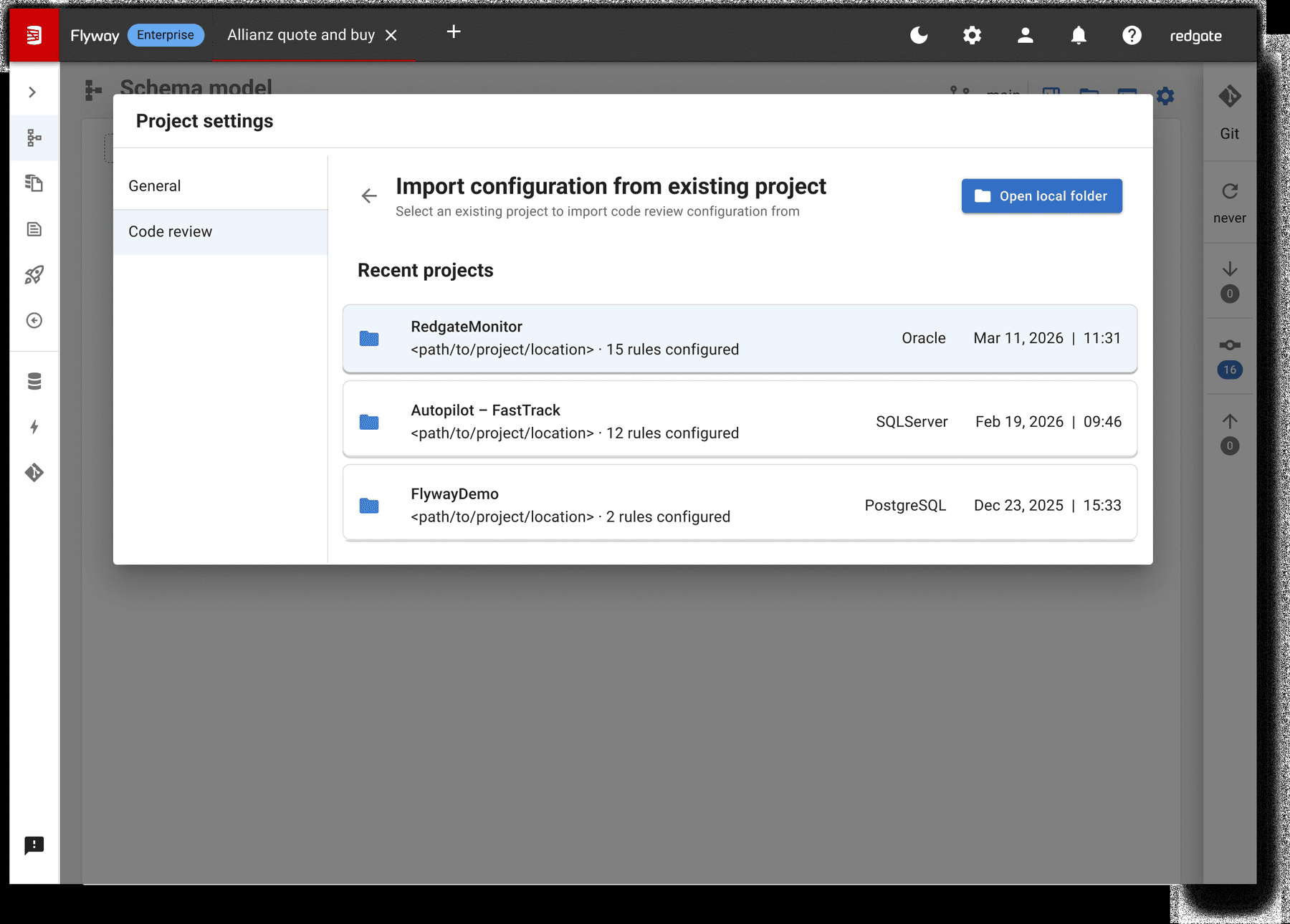 Import configuration from existing project: a list of recent projects showing rule counts, database type and last-modified dates, with an ‘Open local folder’ button.