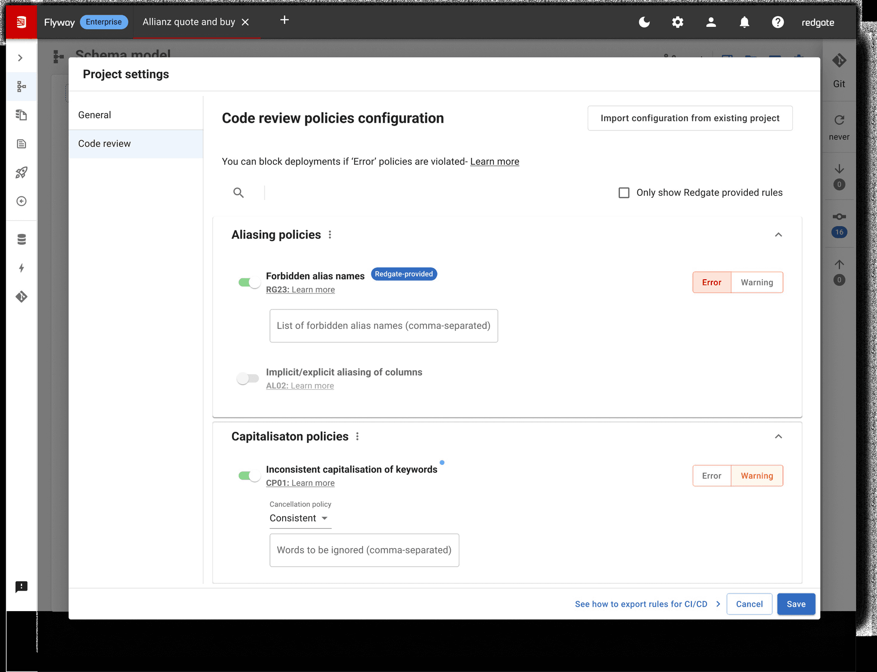 Project settings, Code review policies configuration. Rules grouped under Aliasing policies and Capitalisation policies, each with a toggle, Error/Warning severity selector, ‘Learn more’ link and optional configuration fields.