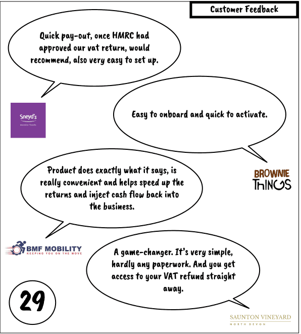 Customer feedback speech bubbles alongside the logos of Sneyd’s, Brownie Things, BMF Mobility and Saunton Vineyard.