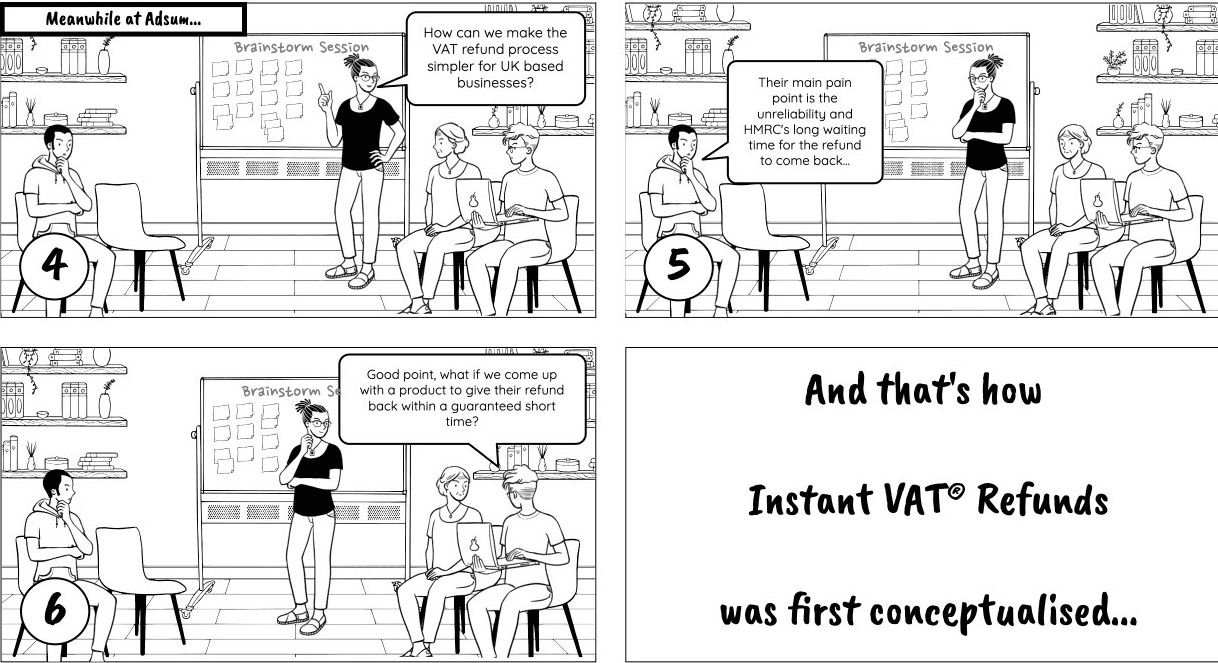 Comic strip: a brainstorm session at Adsum. A team discusses how to make the VAT refund process simpler for UK businesses, identifies HMRC waiting time as the main pain point, and proposes guaranteeing a refund within a short time. Final panel reads: ‘And that’s how Instant VAT Refunds was first conceptualised.’