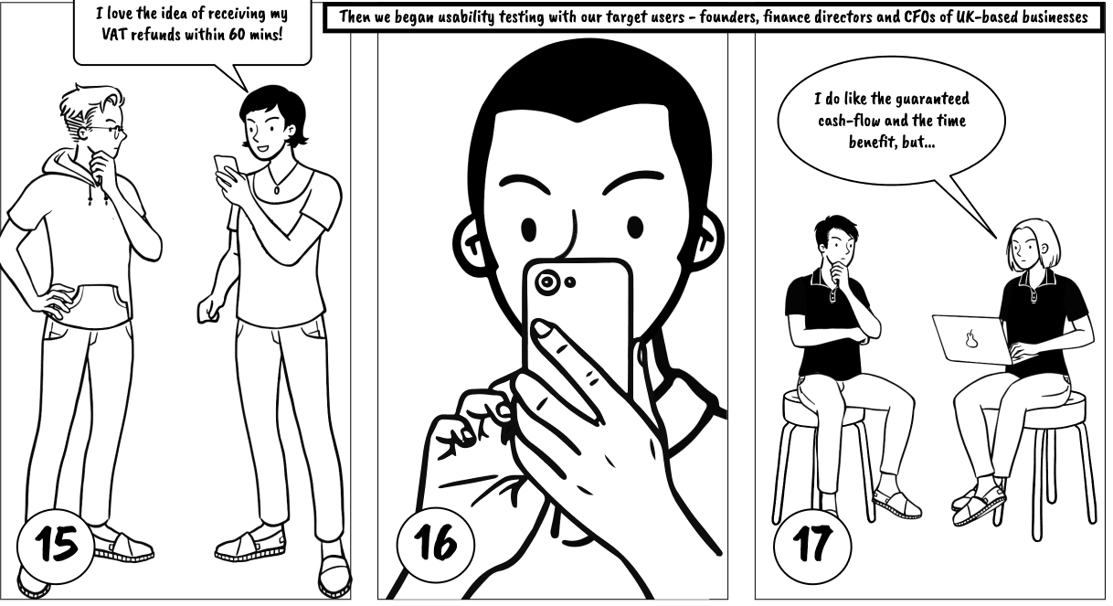 Comic strip: usability testing sessions. A participant says ‘I love the idea of receiving my VAT refunds within 60 mins!’; another says ‘I do like the guaranteed cash-flow and the time benefit, but…’
