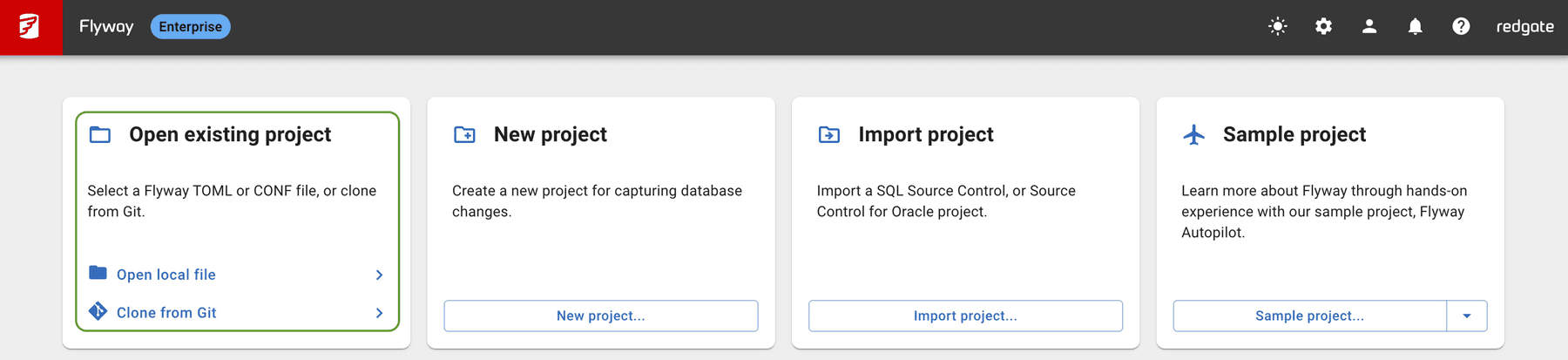 After: launch page with an ‘Open existing project’ card showing two visible buttons, ‘Open local file’ and ‘Clone from Git’.