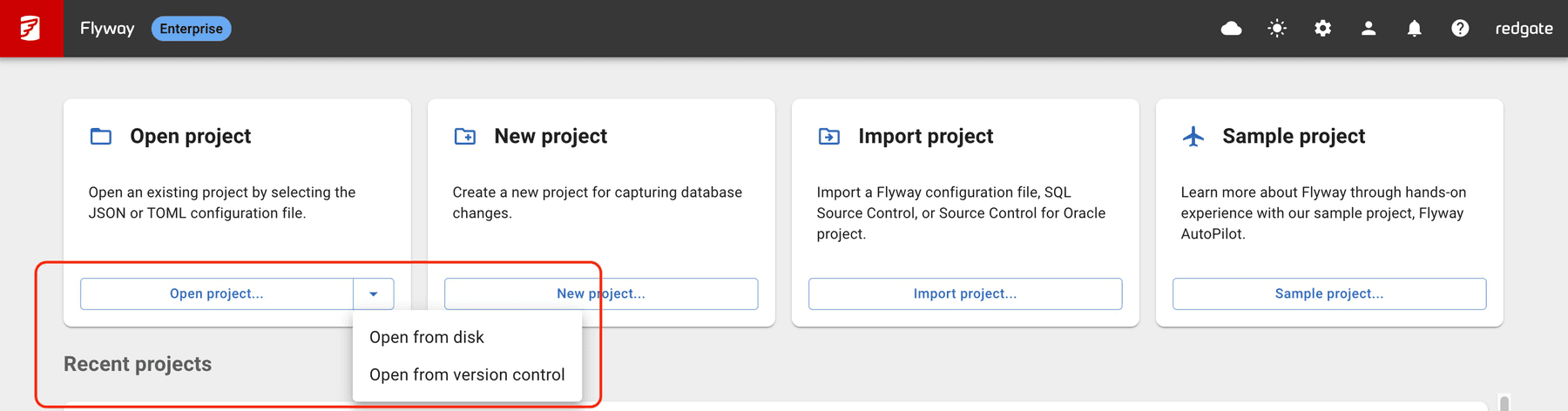 Flyway Desktop launch page before the change: an ‘Open project’ split button with a dropdown revealing ‘Open from disk’ and ‘Open from version control’.