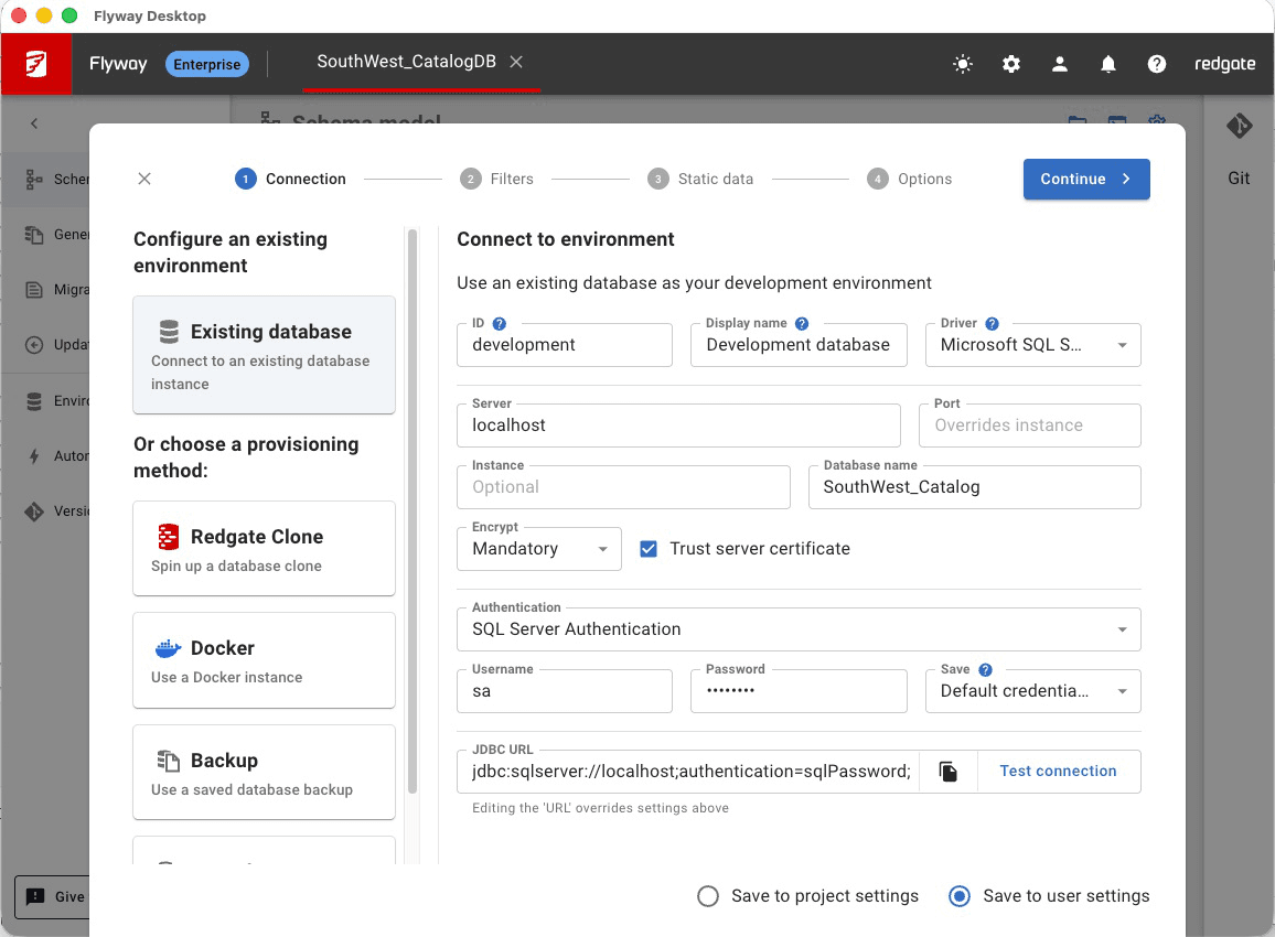 Wizard step 1, Connection: choose an existing database, Redgate Clone, Docker instance or saved backup, then enter connection details.