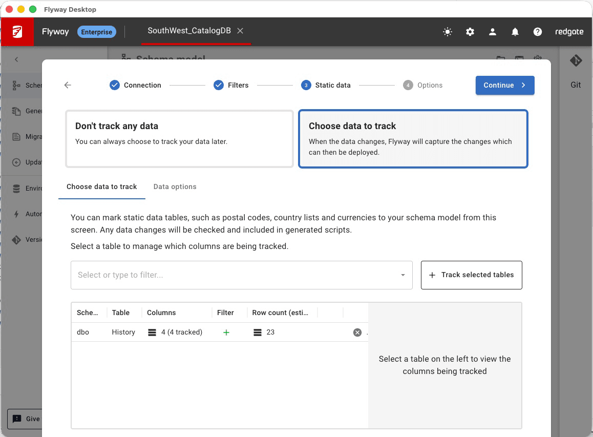 Wizard step 3, Static data: don’t track any data, or choose reference tables whose changes should be captured.