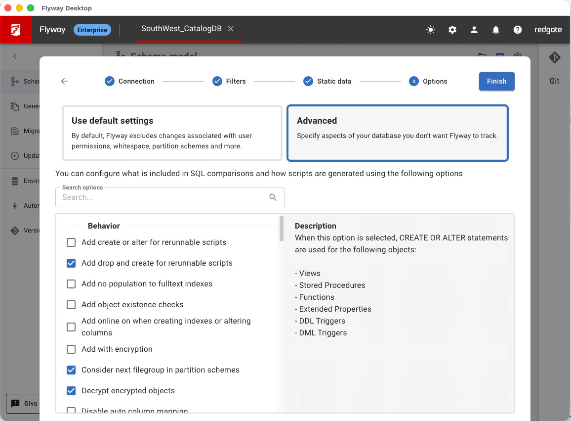 Wizard step 4, Options: use default settings or configure advanced comparison behaviour, with a Finish button.